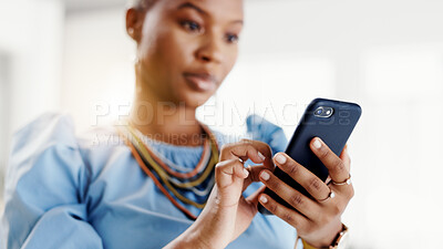 Buy stock photo Hands, phone and typing with contact at office with space, texting and notification at real estate agency. Woman, realtor or property developer with smartphone, mobile app and web chat at workplace