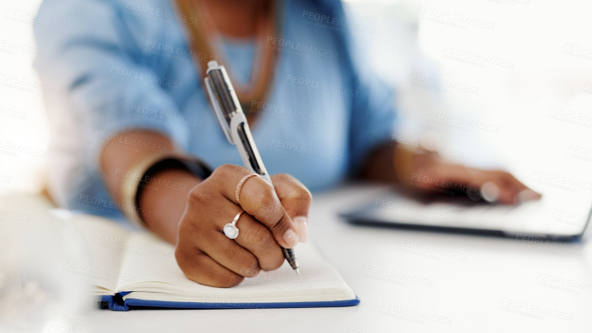 Buy stock photo Hands, woman and writing with journal in office with laptop, business schedule or administration. Idea, planning and tech for research, agenda and strategy for management to do list or reminder