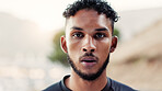 Breathe, portrait and man in nature for fitness, workout or wellness training in morning. Sweat, fatigue and exhausted male athlete with break for cardio, exercise and outdoor in woods for runner