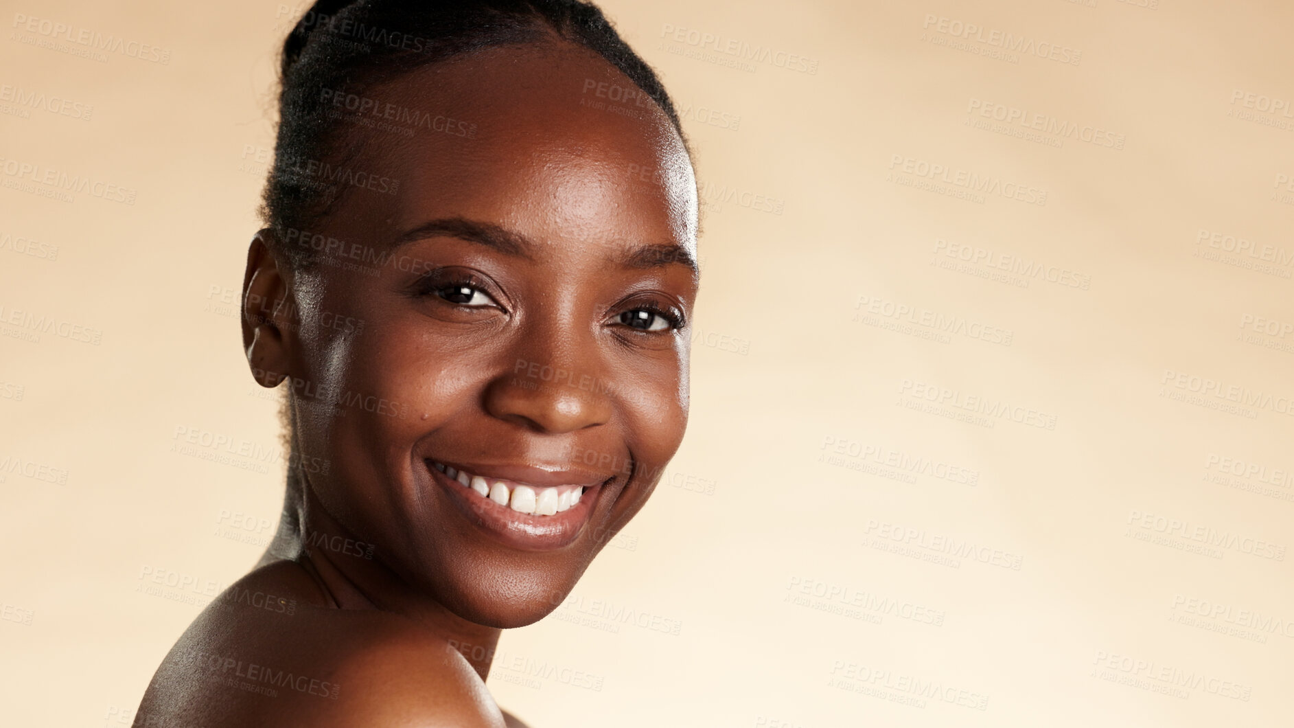 Buy stock photo Portrait, cosmetics and black woman in studio with smile, beauty mockup and skincare for glow. Space, confidence and African person with wellness, shine or aesthetic with dermatology on background