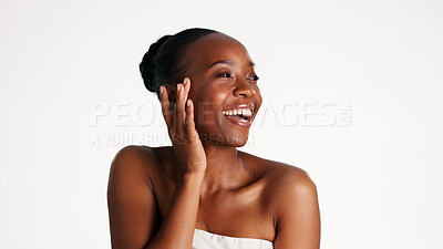 Buy stock photo Smile, skincare and black woman in studio with soft face, cosmetic and beauty for wellness. Happy, confident and African female person with natural dermatology for facial glow by white background.