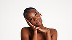 Portrait, skincare and black woman in studio with soft, cosmetic and beauty for wellness. Smile, health and African female person with natural dermatology for facial glow by white background.