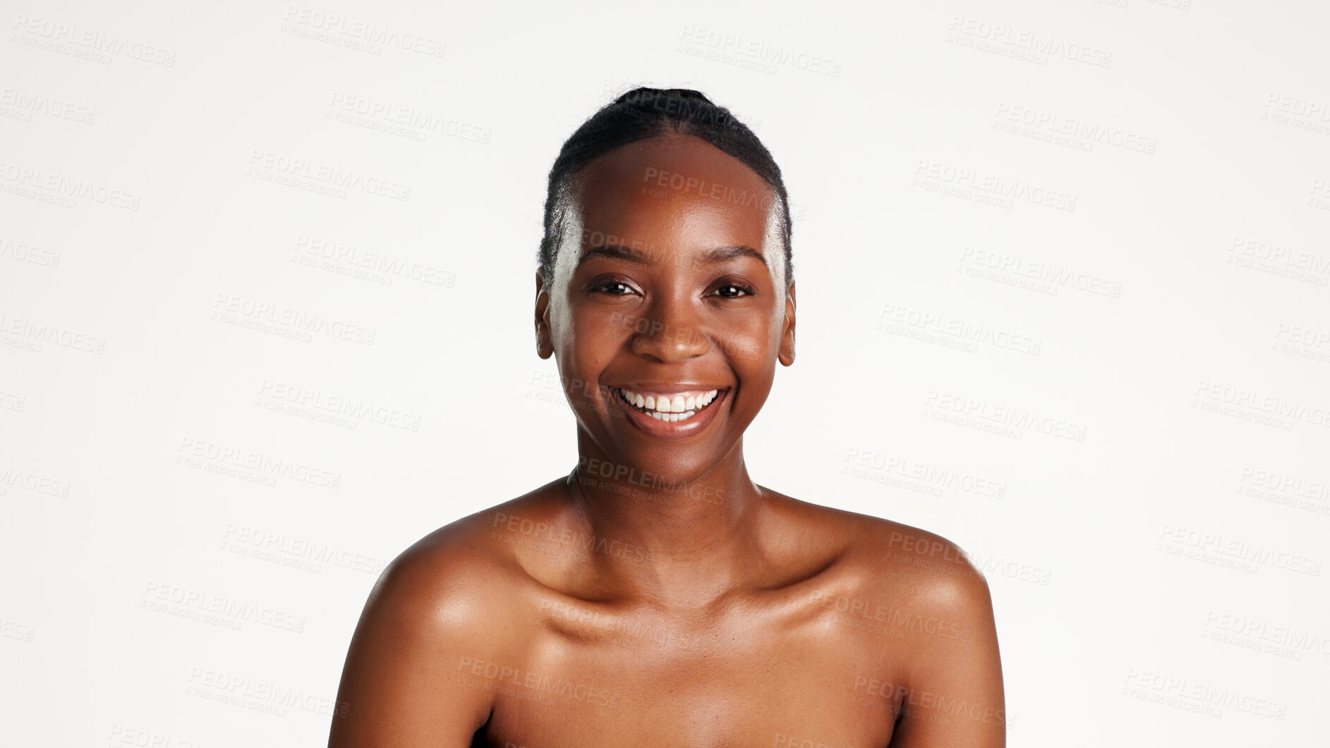 Buy stock photo Portrait, skincare and black woman in studio with smile, beauty and dermatology for glow. Space, confidence and African person with wellness, shine or aesthetic with cosmetics on white background