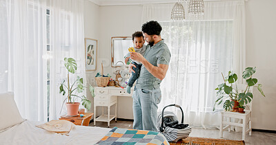 Buy stock photo Baby, family and toys with father in bedroom of home for development, love or security. Bonding, music and safety of infant child with single parent man in apartment for future, growth or playing
