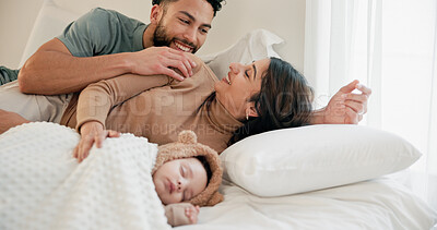 Buy stock photo Rest, mom and dad in bedroom with baby, parenthood and bonding together in morning routine. Happiness, people and child in house with sleep, comfortable and family connection at start of day.
