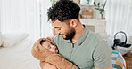 Sleeping, father and baby in bedroom, rest and tired with cuddle, fatigue and bonding together. Child development, happy family or parent in home, comfort and relax with love, smile or infant care