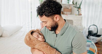 Buy stock photo Sleeping, father and baby in bedroom, rest and tired with cuddle, fatigue and bonding together. Child development, happy family or parent in home, comfort and relax with love, smile or infant care