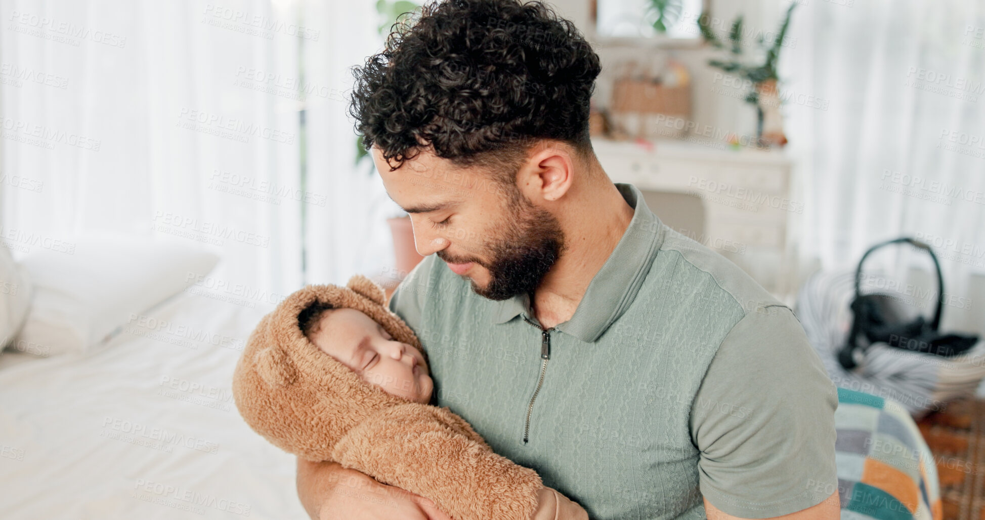 Buy stock photo Sleeping, father and baby in bedroom, rest and tired with cuddle, fatigue and bonding together. Child development, happy family or parent in home, comfort and relax with love, smile or infant care