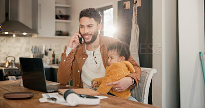 Buy stock photo Phone call, laptop and dad with baby for remote work, multitasking and business negotiation for deal. Tech, flare and happy man with son for investment proposal in home, talk or support for childcare