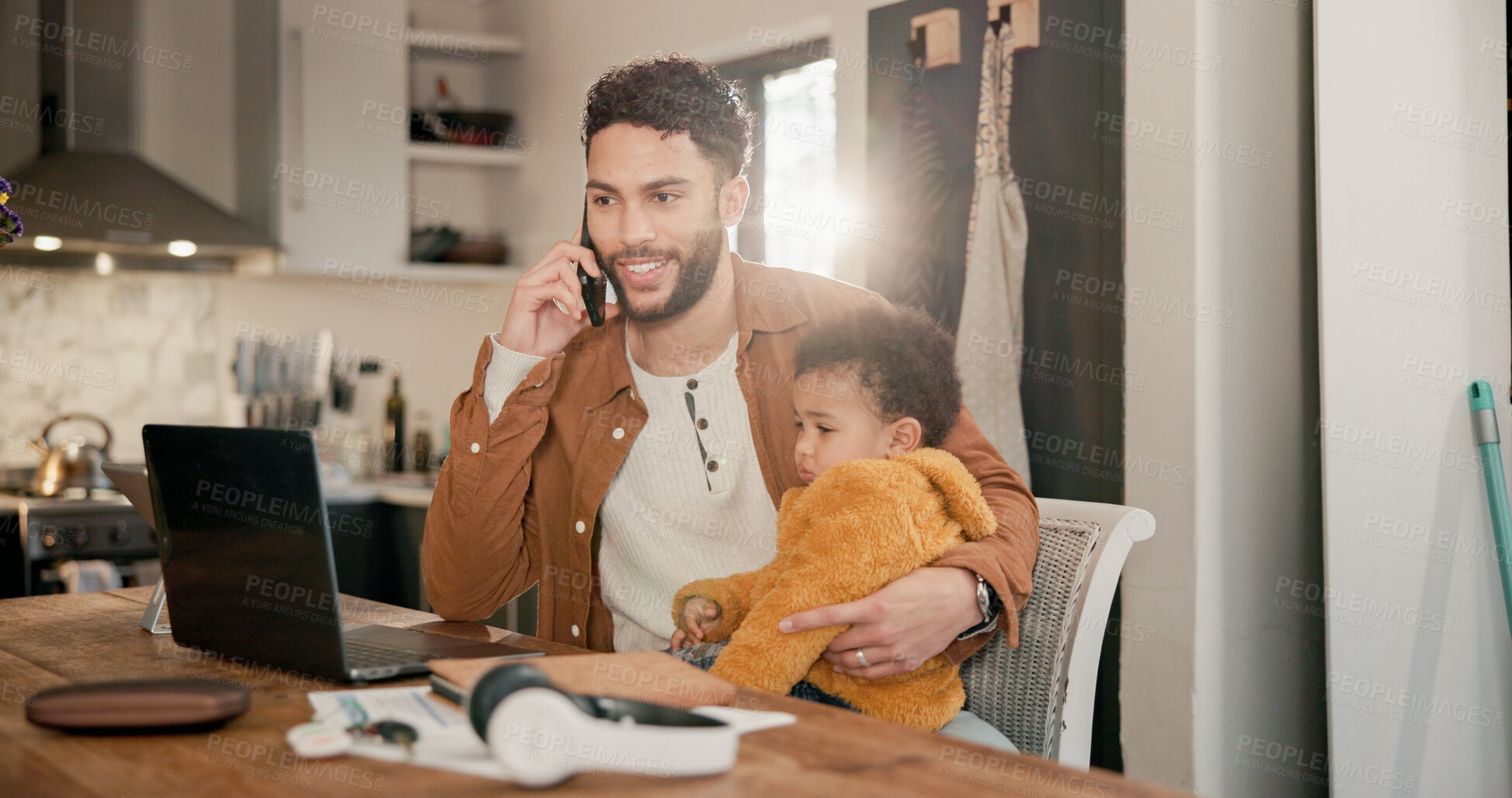 Buy stock photo Phone call, laptop and dad with baby for remote work, multitasking and business negotiation for deal. Tech, flare and happy man with son for investment proposal in home, talk or support for childcare