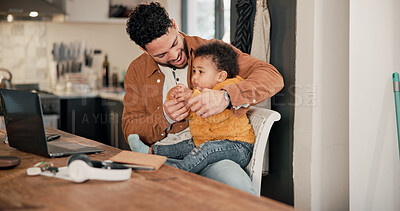 Buy stock photo Father, baby and smile for remote work in home, family bonding and playing together for multitasking. Connection, freelancer and happy man with son in kitchen for childcare, tech and support for love