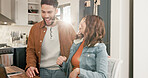 Laptop, laughing and reaction with couple in home together for achievement, goals or success. Computer, funny and good news with excited people in apartment for celebration, milestone or target