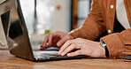 Laptop, typing and hands in home for freelance, review article or proposal with email. Person, remote work and journalist with computer keyboard for information, research or fact check for news story
