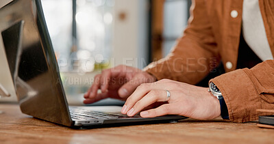 Buy stock photo Laptop, typing and hands in home for freelance, review article or proposal with email. Person, remote work and journalist with computer keyboard for information, research or fact check for news story