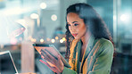 Business, woman and night with tablet for project deadline, schedule or analysis in office. Female person, analyst or working late with technology on bokeh for company strategy, ideas or development