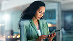 Review, night or businesswoman with tablet by window, recruiting platform or application screening. Office, late cv evaluation or manager with vacancy listing on job site, talent acquisition or tech