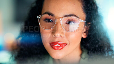 Buy stock photo Creative, online and businesswoman with glasses in office, public relations and reading info on web. Publicist, reflection and person with smile for media campaign, search and planning for project