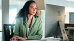 Reading, research and businesswoman with computer in office, public relations and information on web. Publicist, reflection and person with smile for media campaign, planning and creative with tech