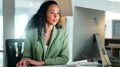Buy stock photo Reading, research and businesswoman with computer in office, public relations and information on web. Review, project and person with smile for pr campaign, online and publicist with tech in business
