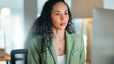 Buy stock photo Serious, woman and research with computer in business, HR and resume review for recruitment process. Reading, application and plan for job interview with tech, onboarding and person with info on web