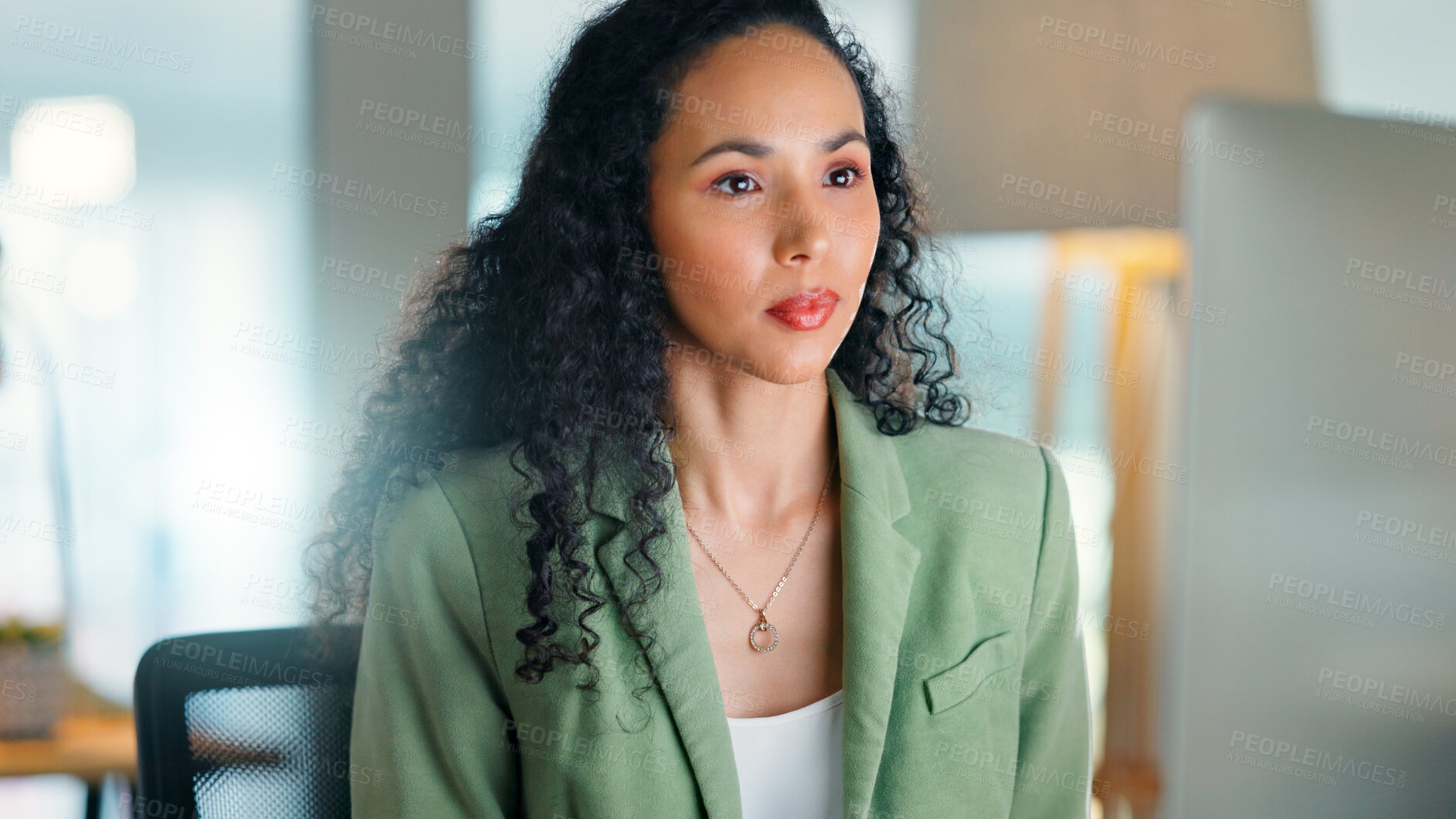 Buy stock photo Serious, woman and research with computer in business, HR and resume review for recruitment process. Reading, application and plan for job interview with tech, onboarding and person with info on web