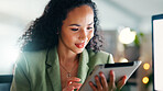 Review, tablet or businesswoman with smile in office, talent acquisition site or application screening. Reading, resume evaluation or hr manager with vacancy listing on recruiting app, email and tech