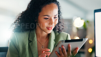 Buy stock photo Review, tablet or businesswoman with smile in office, talent acquisition site or application screening. Reading, resume evaluation or hr manager with vacancy listing on recruiting app, email and tech