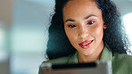 Review, tablet and business woman in office, talent acquisition platform and application screening. Smile, resume evaluation or hr manager with vacancy listing on job site, offer letter email or tech