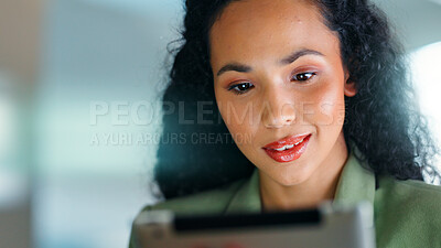 Buy stock photo Review, tablet and business woman in office, talent acquisition platform and application screening. Smile, resume evaluation or hr manager with vacancy listing on job site, offer letter email or tech