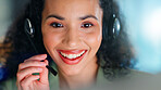 Happy woman, agent and night with headset in office for telecommunication or online advice. Female person, consultant or working late with smile or mic for virtual assistance or support in workplace
