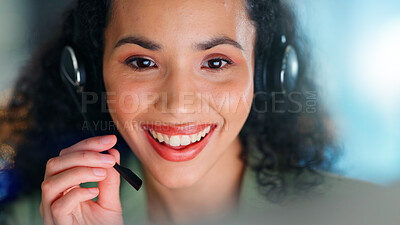 Buy stock photo Happy woman, agent and customer service with headset in office for online consulting or advice. Female person, consultant or working late with smile or mic for virtual assistance or help in workplace