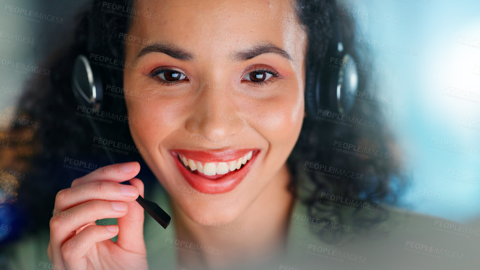 Buy stock photo Happy woman, agent and customer service with headset in office for online consulting or advice. Female person, consultant or working late with smile or mic for virtual assistance or help in workplace