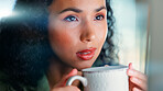 Thinking, business and woman with coffee in office with vision, planning and ideas for real estate. Thoughts, female person and reflection with morning beverage, realtor mindset and property auction