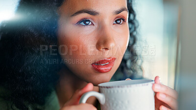 Buy stock photo Thinking, business and woman with coffee in office with vision, planning and ideas for real estate. Thoughts, female person and reflection with morning beverage, realtor mindset and property auction