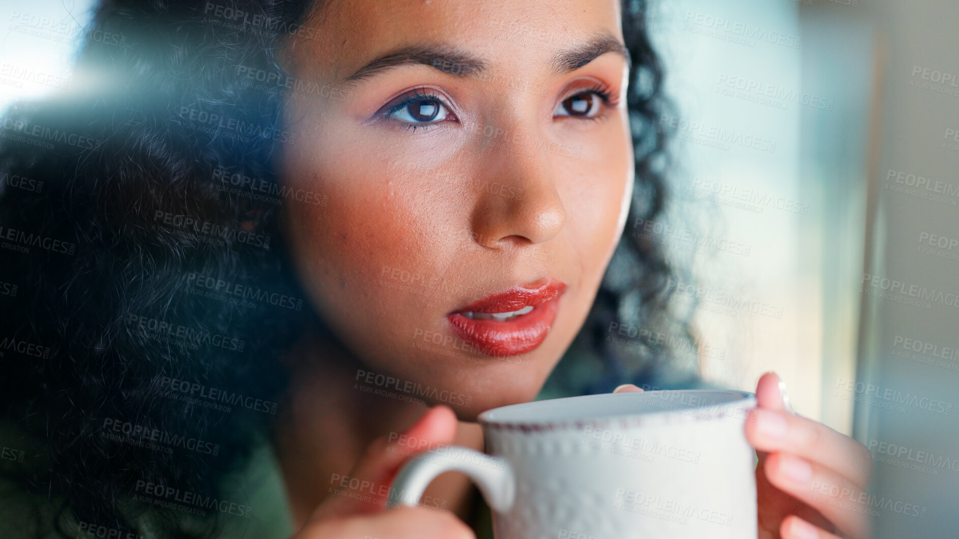 Buy stock photo Thinking, business and woman with coffee in office with vision, planning and ideas for real estate. Thoughts, female person and reflection with morning beverage, realtor mindset and property auction