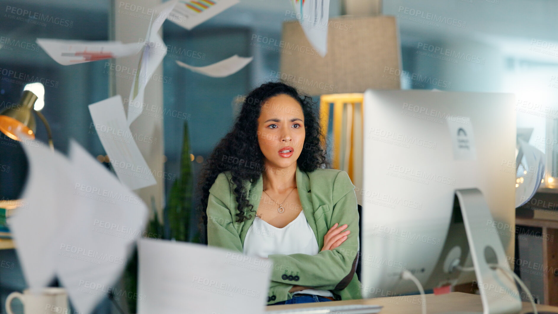 Buy stock photo Frustrated, woman or business with documents in air for overworked chaos, stress or pressure in office. Upset, female person or working late at night with arms crossed, anxiety or mess for workload