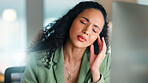 Woman, headache and stress with business deadline for overworked, pressure or strain in office. Frustrated, female person or employee with bad migraine for fatigue, mistake or burnout in workplace