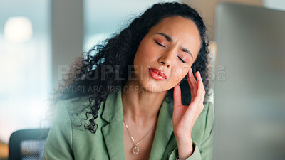 Buy stock photo Woman, headache and stress with business deadline for overworked, pressure or strain in office. Frustrated, female person or employee with bad migraine for fatigue, mistake or burnout in workplace