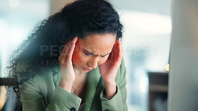 Buy stock photo Woman, headache and anxiety with business deadline for overworked, pressure or strain in office. Frustrated, female person or employee with bad migraine or stress for fatigue or mistake in workplace