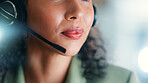 Woman, mouth and consultant with mic in office for telecommunication or online advice. Female person, agent or lips with headset for virtual assistance, web support or help in call center agency