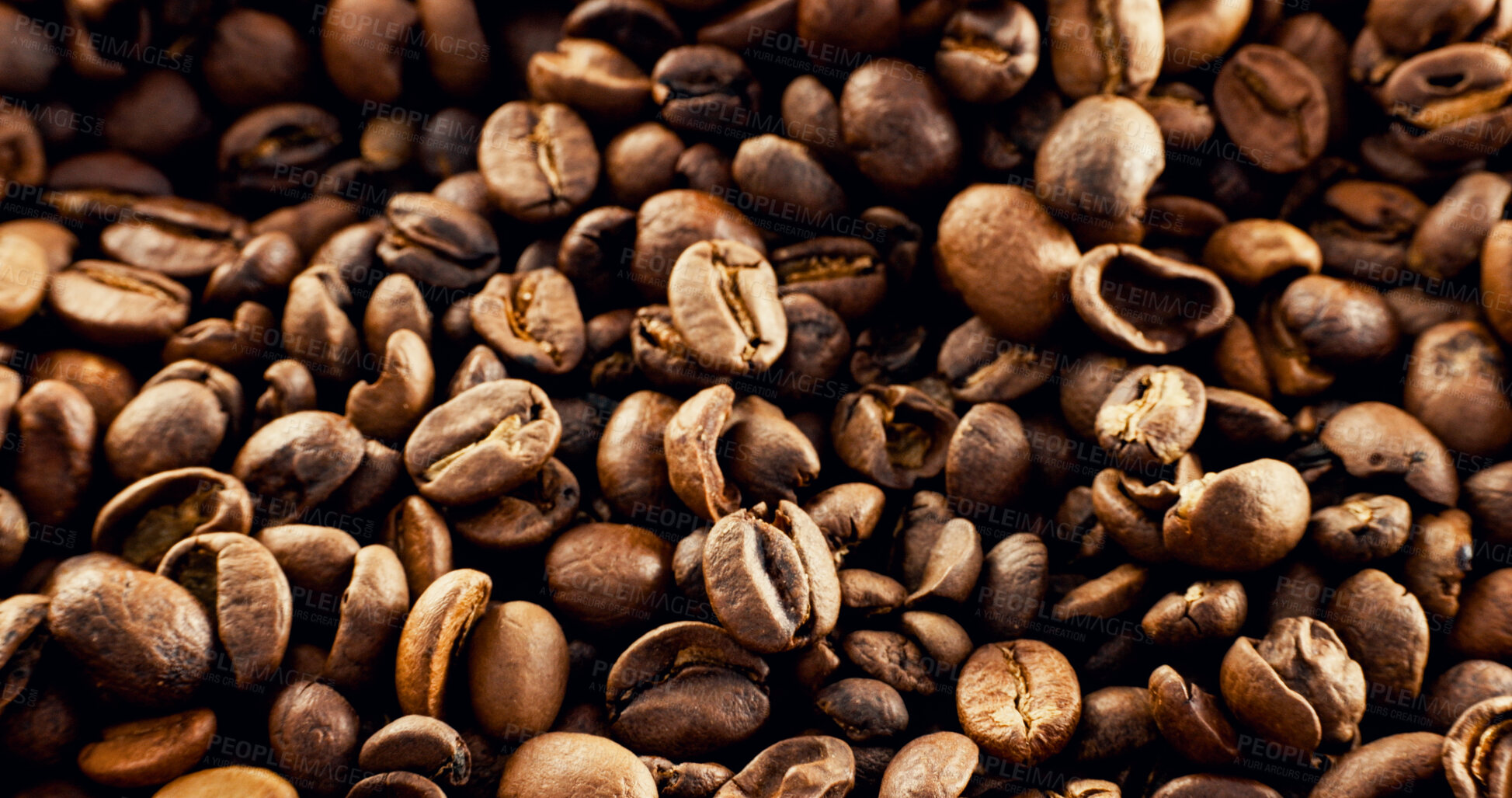 Buy stock photo Closeup, roasted and organic beans for coffee production, textures and sustainable harvest. Granules, arabica grain and manufacturing process of caffeine, beverage extraction and espresso ingredients