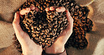 Hands, person and roasted beans for coffee production, textures and sustainable harvest. Granules, arabica grain and manufacturing process with storage cloth, quality control and espresso ingredients