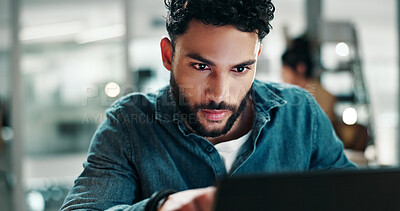 Buy stock photo Laptop, reading and research with business man in office for planning, email marketing and journalist. Newsletter subscription, online editor and columnist with person in creative agency for  media