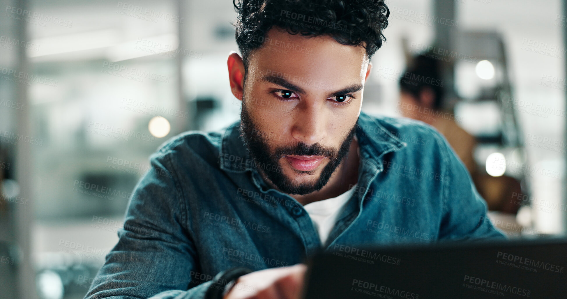 Buy stock photo Laptop, reading and research with business man in office for planning, email marketing and journalist. Newsletter subscription, online editor and columnist with person in creative agency for  media