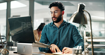 Buy stock photo Laptop, reading and glasses with business man in office for planning, email marketing and journalist. Newsletter subscription, online editor and columnist with person in creative agency for media