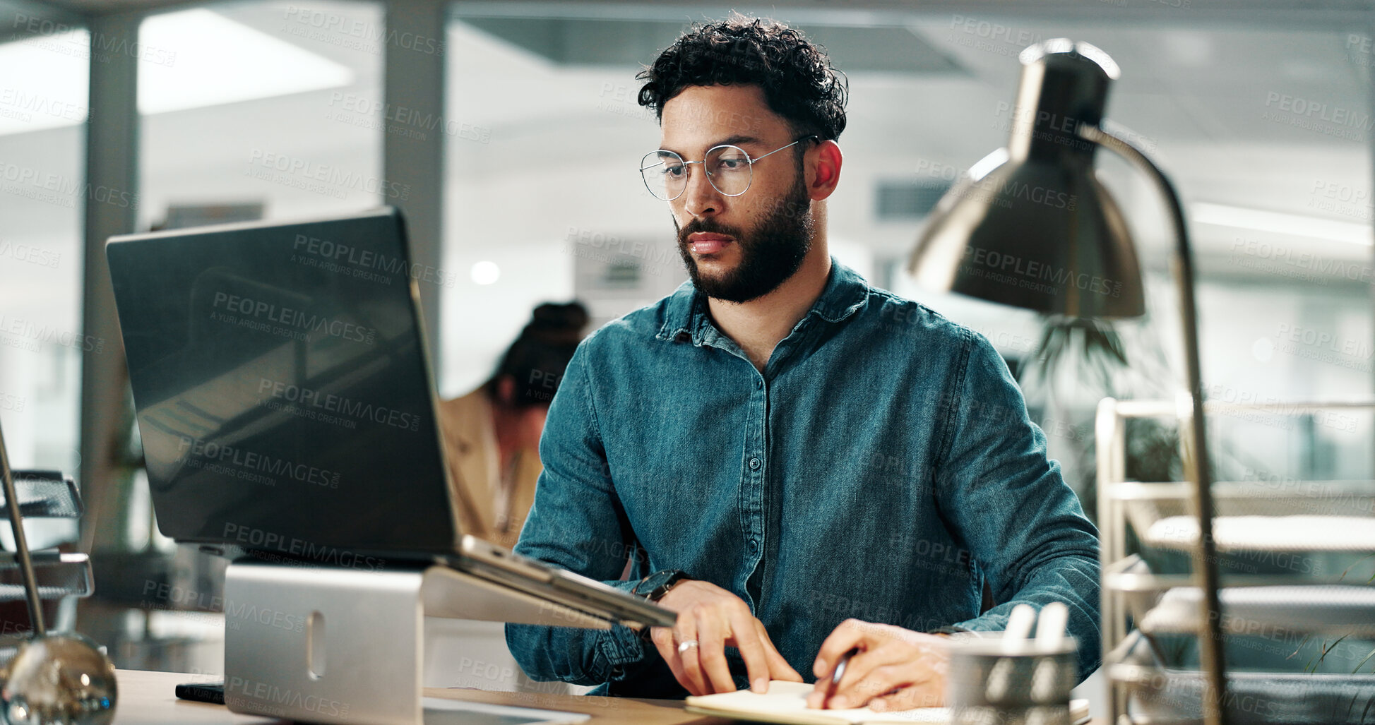 Buy stock photo Laptop, reading and glasses with business man in office for planning, email marketing and journalist. Newsletter subscription, online editor and columnist with person in creative agency for media