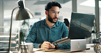 Buy stock photo Laptop, planning and research with business man in office for reading, email marketing and journalist. Newsletter subscription, online editor and columnist with person in creative agency for  media