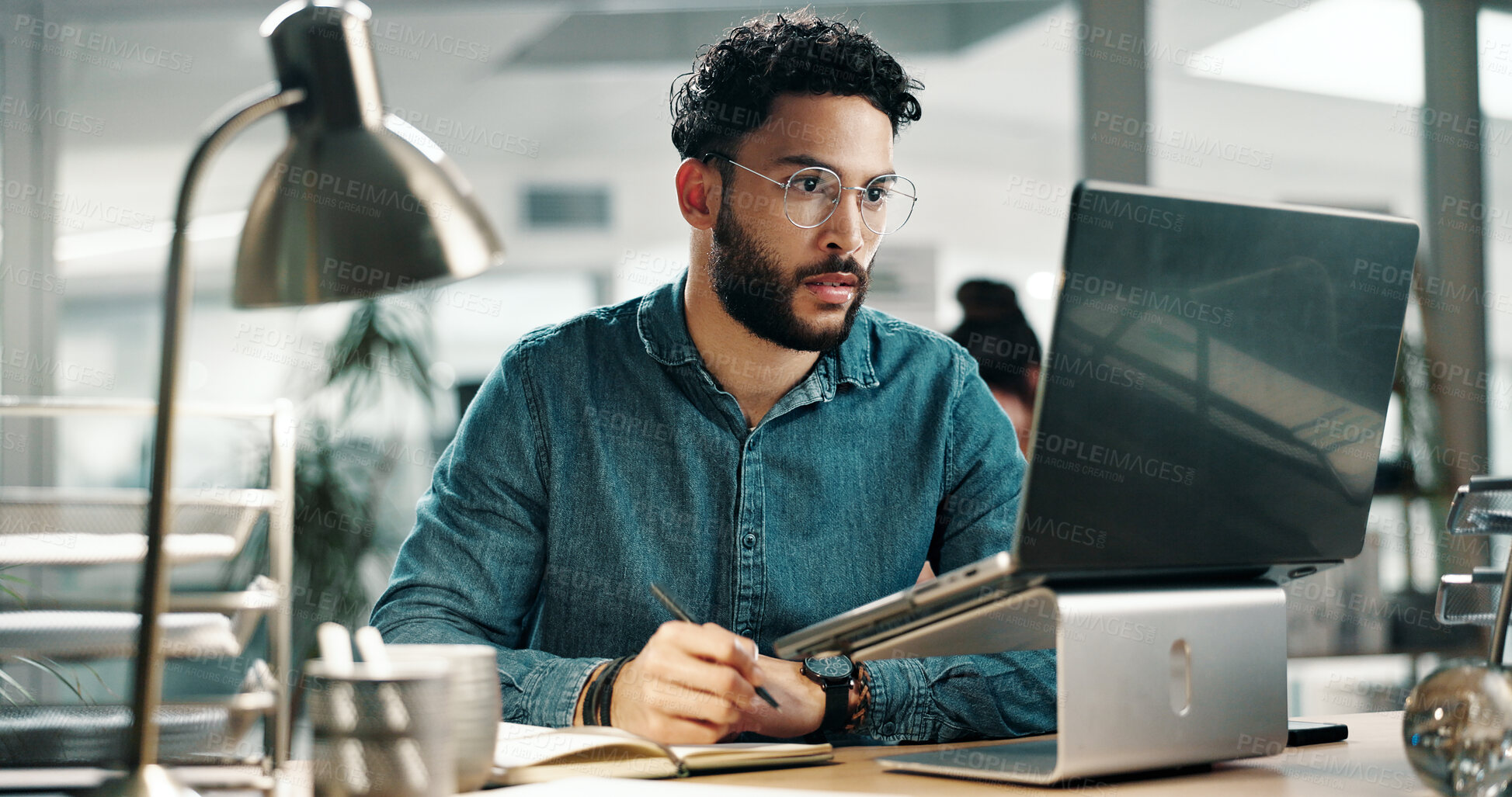 Buy stock photo Laptop, planning and research with business man in office for reading, email marketing and journalist. Newsletter subscription, online editor and columnist with person in creative agency for  media