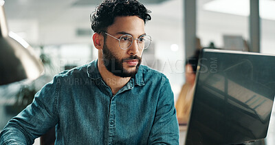 Buy stock photo Laptop, glasses and research with business man in office for planning, email marketing and journalist. Newsletter subscription, online editor and columnist with person in creative agency for  media