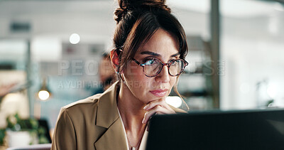Buy stock photo Laptop, glasses and research with business woman in office for planning, email marketing and journalist. Newsletter subscription, online editor and columnist with mature person in creative agency